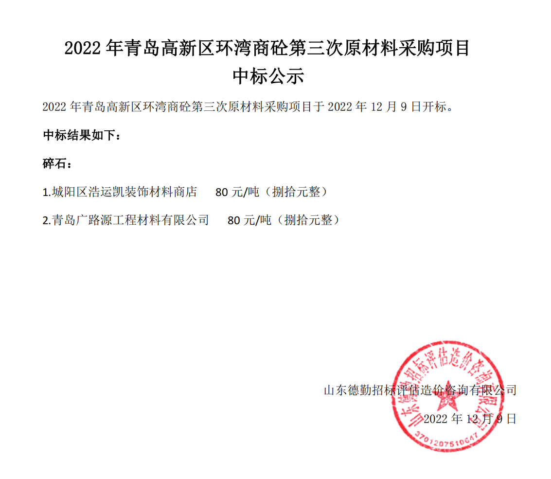 2022年青島高新區(qū)環(huán)灣商砼第三次原材料采購項目-中標公示